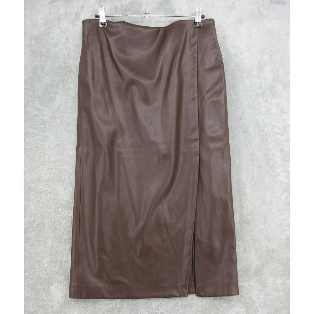 Nine West Skirt Womens Size L Vegan Leather Midi Front Slit Chocolate Brown Zip